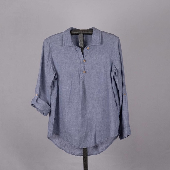 Sigrid Olsen Tops - 100% Linen Chambray-Look Light Blue Roll-Tab Blouse Sigrid Olsen Size MEDIUM